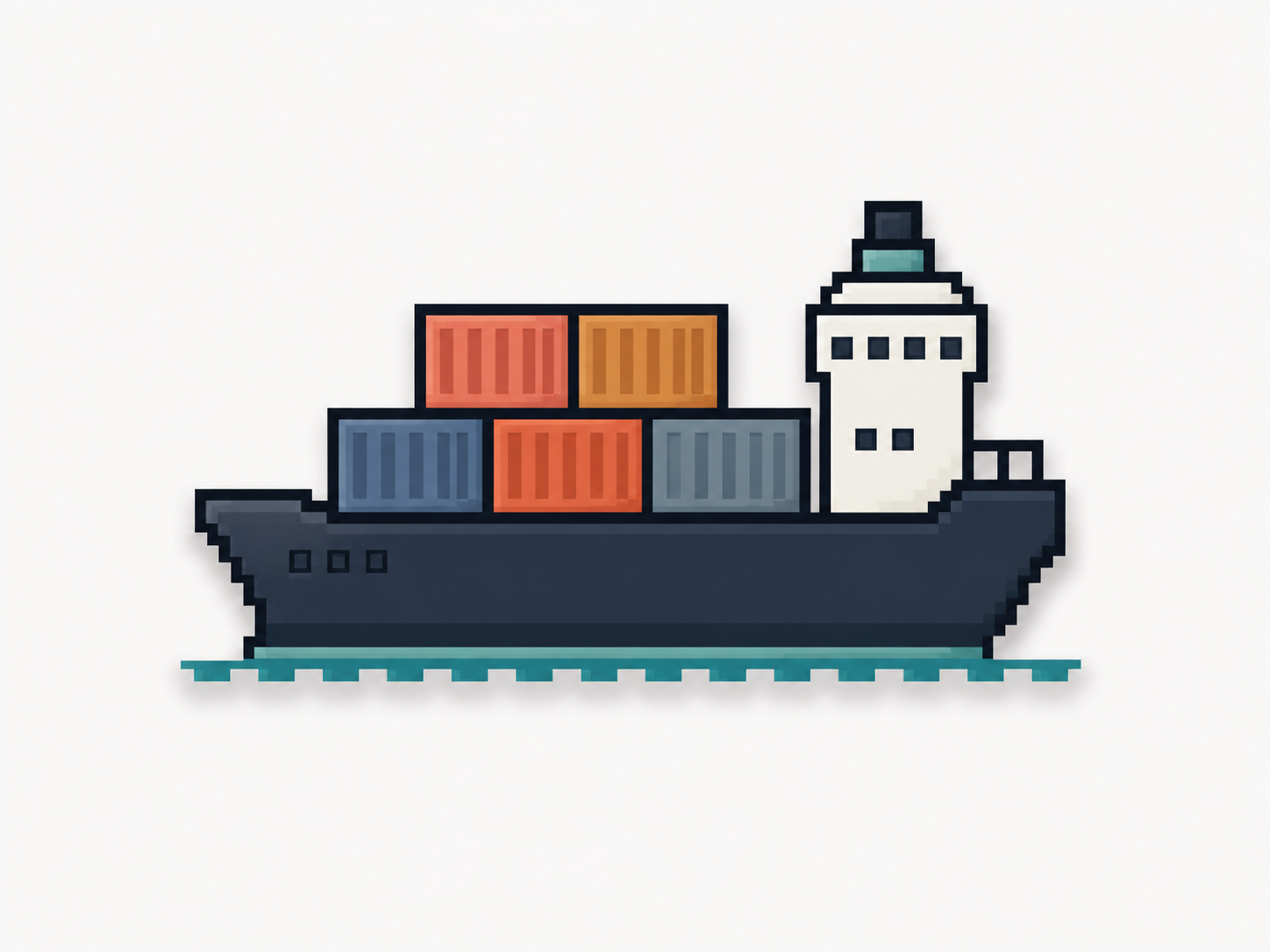Pixel-Art-Frachtschiff mit tiefblauem Rumpf, bunten Containern und türkisem Wasser